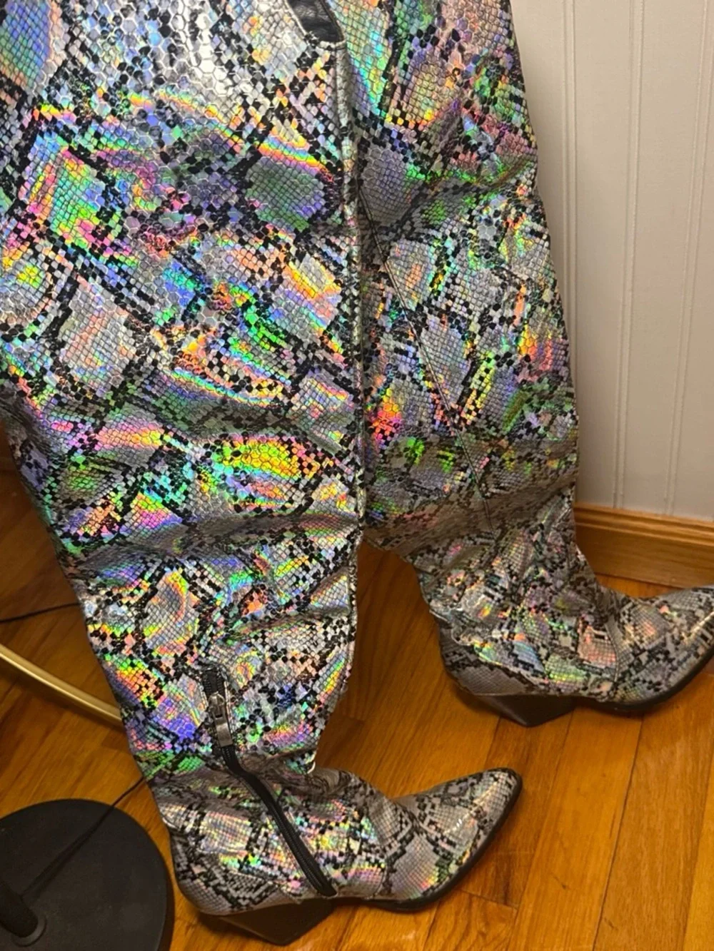 AKIRA Holographic Snake-Print Over-the-Knee Boots